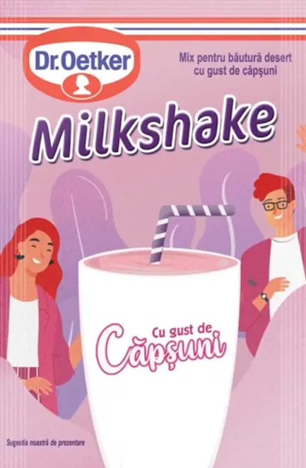 Dr. Oetker Braškių skonio milteliai pieno kokteiliui